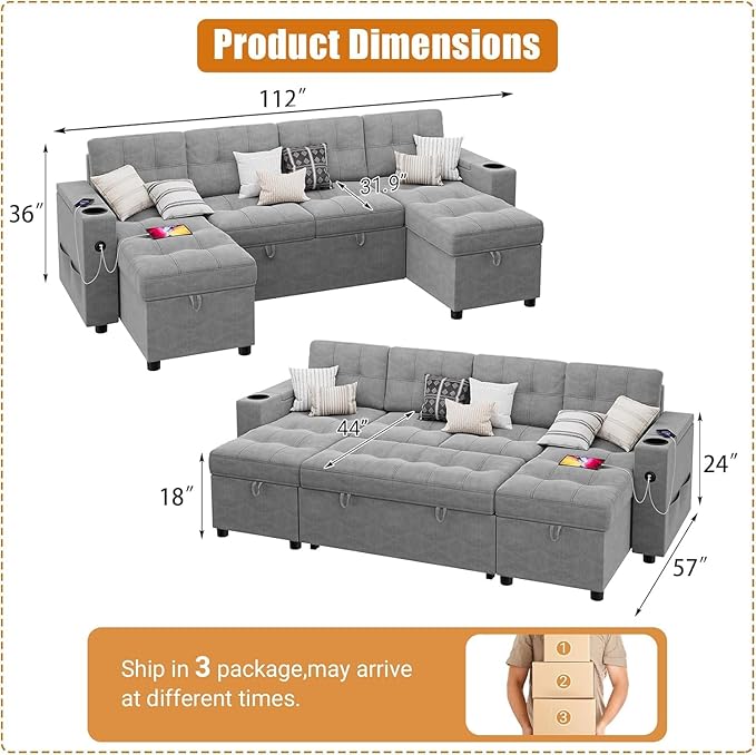 IDEALHOUSE U-Shaped Couches for Living Room Sofa Bed for Living Room with Reversible Storage Chaises and Hidden Storage Armrests Cup Holders and USB Charging Ports Included Light Grey