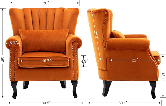 chairus Mid-Century Modern Accent Chairs Set of 2 Comfy Sofa Chairs Channel Back Armchairs with Small Pillow for Living Roon Bedroom Club - Velvet Orange