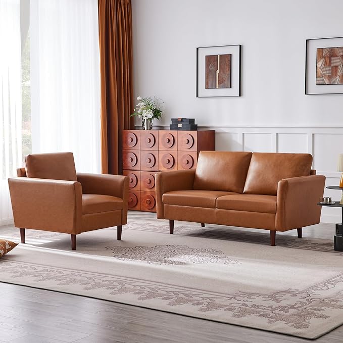 Kingfun Faux Leather 3 Seat Couch for Living Room Mid Century Modern Sofa with Rolled Arms and Deep Seats Fluffy Comfort for Apartment Easy to Assemble Mid Brown