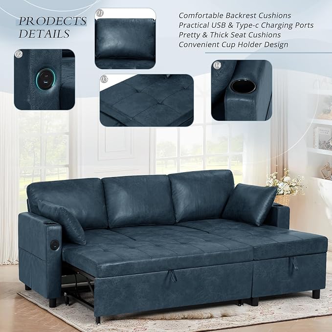 84 L-Shape Pull Out Sofa Bed with Adjustable Backrest Upholstered Sectional Sleeper Sofa with Storage Chaise Suede Leather Reversible Couch Bed with USB Port for Living Room House Blue