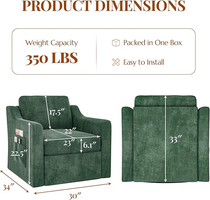 360° Swivel Accent Chair Set of 4 Large Comfy Reading Chairs Accent Square Single-seat Armchair Upholstered Sofa for Reading Nursery Living Room Bedroom Lounge Hotel Green