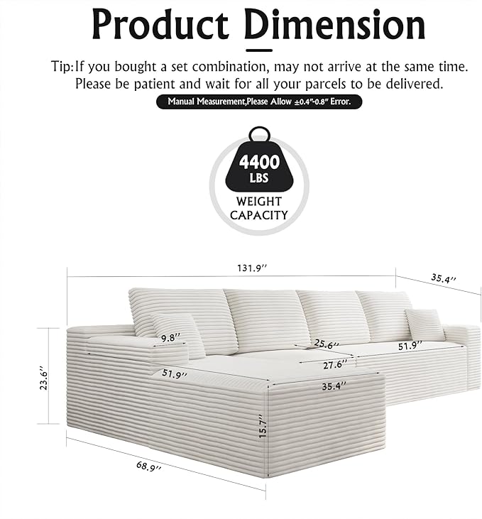 3-Piece Boneless Modular Sectional Sofa Cloud Couch with Left Facing Chaise Oversized Deep Seat Soft Corduroy Fabric Sectional Couch for Living Room-White