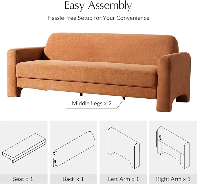 HULALA HOME 84 Modern Curved Sofa Comfy Chenille Couch with Wrapped Armrests 3 Seater Sofa for Living Room Easy to Assemble Orange