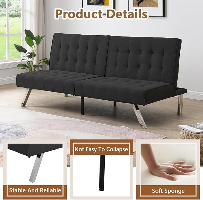 Modern Convertible Futon Sofa Bed Adjustable Loveseat Futon Couch with Metal Legs Upholstered Sofa Bed with Wood Frame Sleeper Couches for Small Compact RV Living RoomOffice (Black-Fabric)