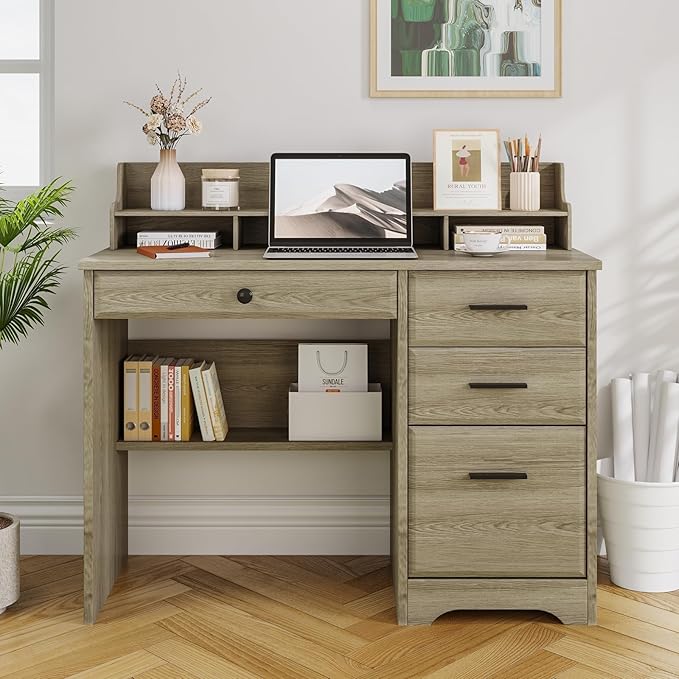 4 EVER WINNER Computer Desk with Drawers Small Desk with Monitor Stand and File Drawer Wood Desk with Storage Writing Desk for Bedroom Home Offic Grey