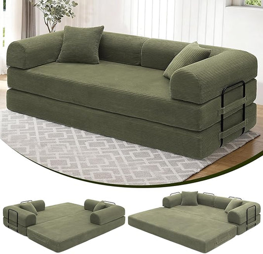 Convertible Sleeper Sofa Bed 1600lbs Weight Capacity Floor Sofa Bed with Fixed-Shape Frame Corduroy Foldable Couch for Small Space Lounge Mattress for Living Room Apartment Game Room (Green)