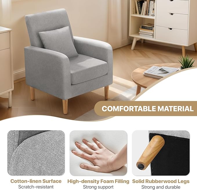 MoNiBloom Accent Chair with Back Pillow Upholstered Club Arm Chair Modern Living Room Chair with Wooden Legs for Bedroom Corner Living Room Reading Nook Gray