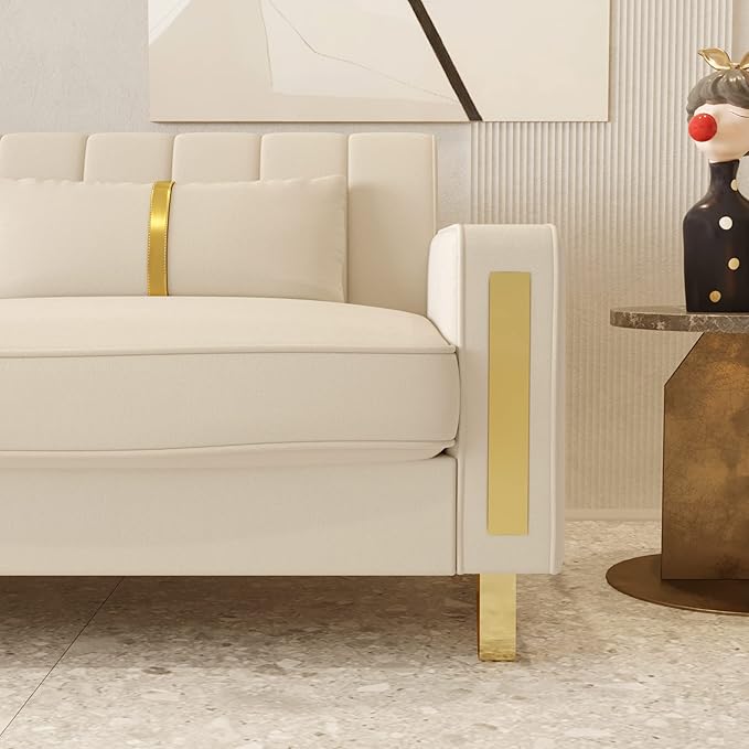 85.63 Modern Velvet Sofa with Gold Metal Legs Large Upholstered Mid Century Modern Comfy 3 Seater Couches for Living Room Bedroom Office (Beige)