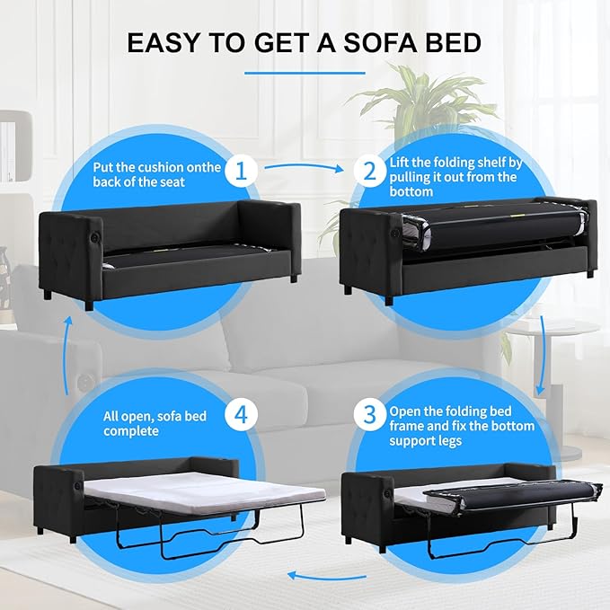 PUREMIND Queen Sleeper Sofa Couch 69 Velvet Pull Out Sofa Bed with Folding Foam Mattress 2-in-1 Sleeper Loveseat with USB &amp Cup Holders Pull Out Bed for Living Room Small Spaces Dark Grey