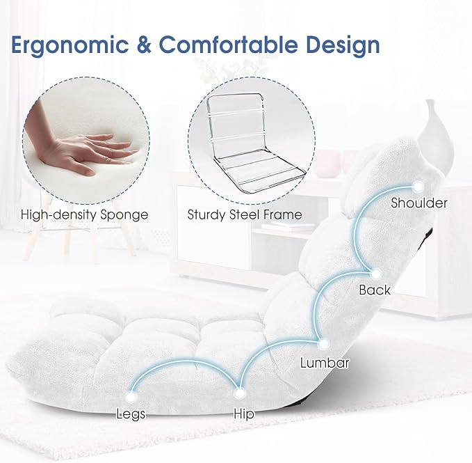Giantex Floor Chair with Back Support 14 Adjustable Position Padded Sleeper Bed Couch Recliner Folding Gaming Floor Chairs for Adults Living Room Bedroom Yoga Meditation White