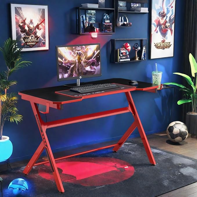 JJS 48 Home Office Gaming Computer Desk R Shaped Large Gamer Workstation PC Table with Cup Holder Headphone Hook Free Mouse pad Black/Red