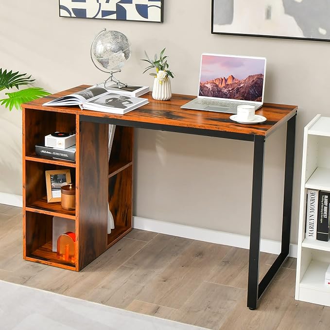 Computer Desk with Storage Writing Desk with 5 Open Shelves &amp Metal Frame Work Desk for Home Office Study Desk for Bedroom Small Desks for Small Spaces (Rustic Brown)