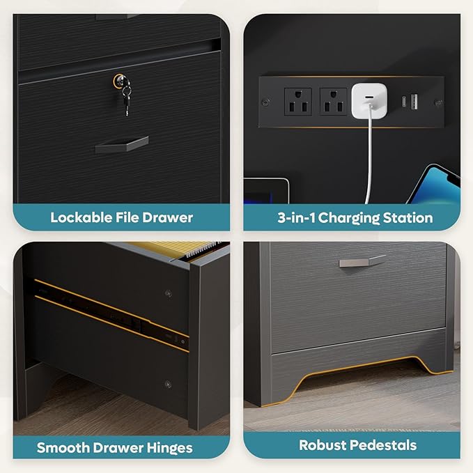 Bestier 59” Office Desk with Lockable Drawers Modern Computer Desk with File Drawer Charging Station &amp Drop-Front Keyboard Drawer Executive Desk with Storage Cabinet for Home Office &amp Studi