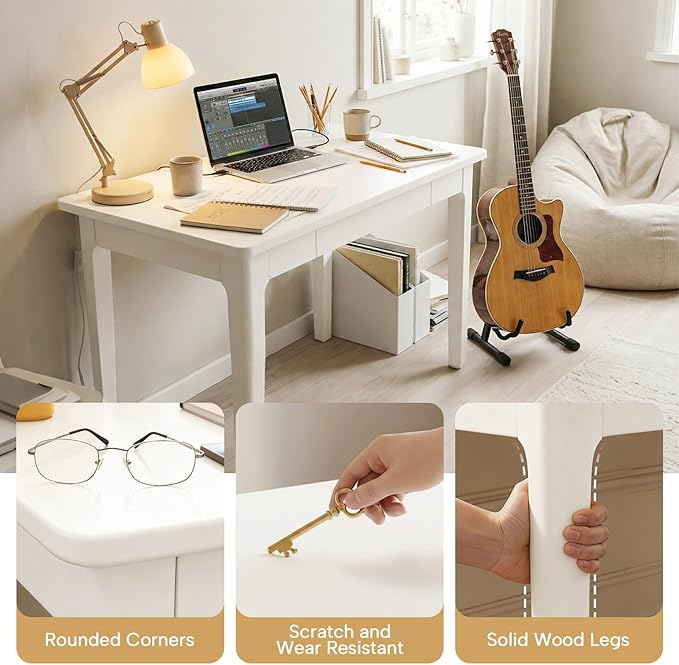 31 Minimalist Solid Rubberwood Desk with Metal Glide Drawers True White - Extra Deep 24 Makeup Vanity &amp Writing Table
