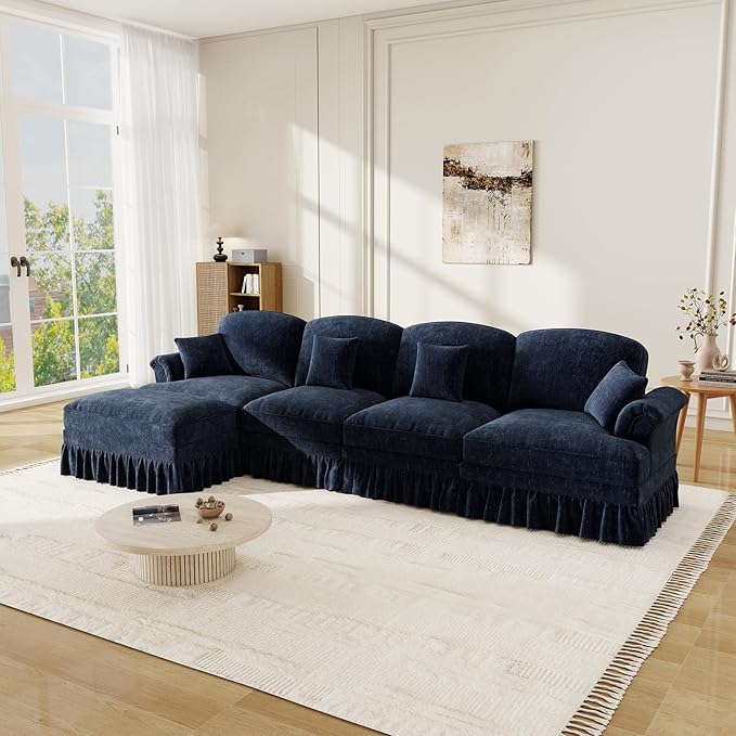 healthomse Modular Sectional Sofa Couch Comfy Chenille Four-Seat Sofa with Removable Ruffles Pleats Skirts Elegant Mid Century Sofa Couch for Living Room Bedroom (Blue 137.8inch+1 Ottoman)
