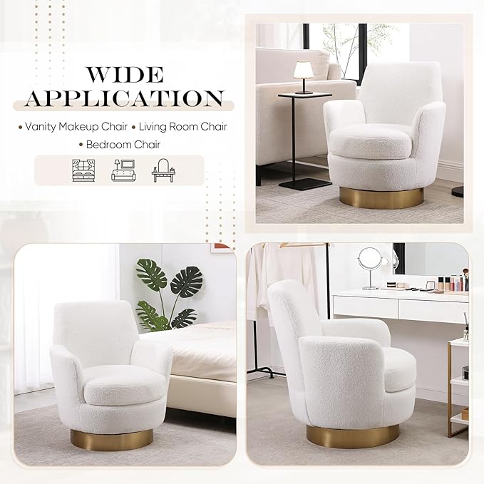SLEERWAY 360° Swivel Barrel Chair Set of 2 28.3 Modern Teddy Round Accent Chair Comfy Upholstered Small Armchair with Gold Metal Base for Living Room Bedroom Nursery Office Sillas para Sala Ivory