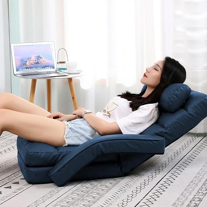 FLOGUOR 14-Position Adjustable Floor Chair Chaise Lounge Indoor Folding Lazy Sofa with Armrests and a Pillow Padded Adults Gaming Chairs for Living Room Bedroom Factory Price8803 (Blue（PU）)