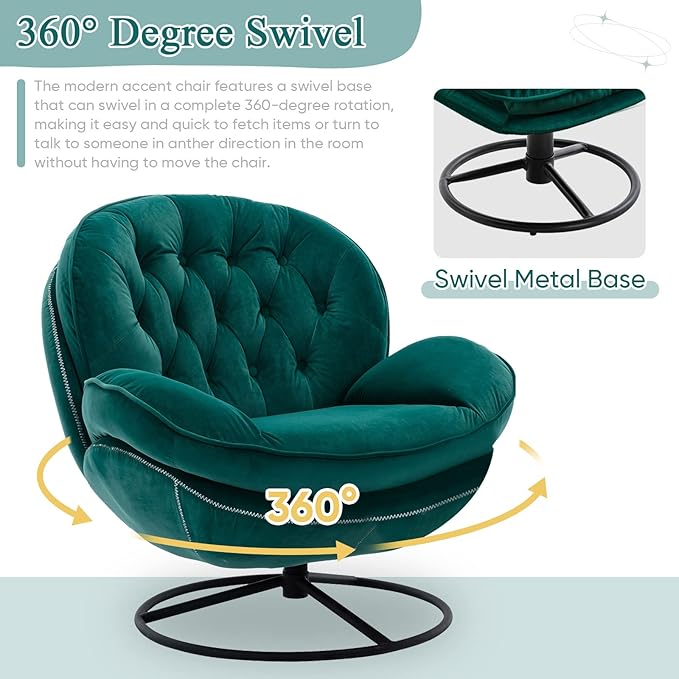 Velvet Swivel Accent Chair with Ottoman Tufted Upholsterd Comfy Lounge Chair with Metal Base &amp Footrest Modern Single Sofa Reading Side Chair with 360 Rotation for Living Room (Green)