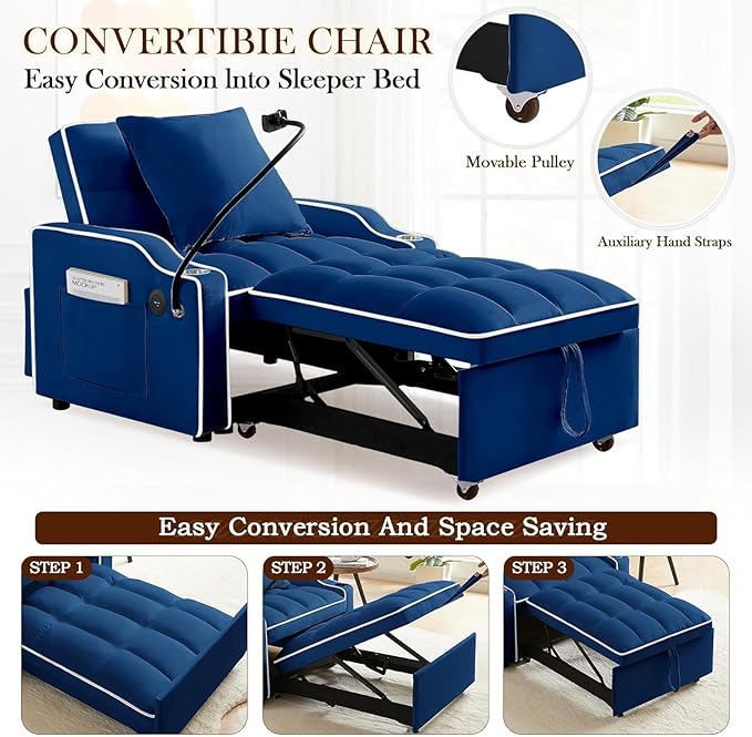 3-in-1 Convertible Sleeper Sofa Bed Chair with Cup Holders &amp Phone Holder Futon Chair Bed with Pull Out Couch Adjustable Backrest Modern Velvet Chaise Lounge Living Room Bedroom (Navy Blue 35.4