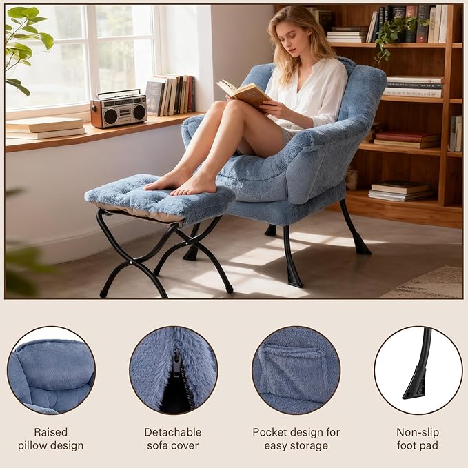 Welnow Lazy Chair with Ottoman Modern Accent Chair with Armrests and a Side Pocket Leisure Sofa Armchair Set Reading Armchair with Footrest for Small Space Plush Light Blue