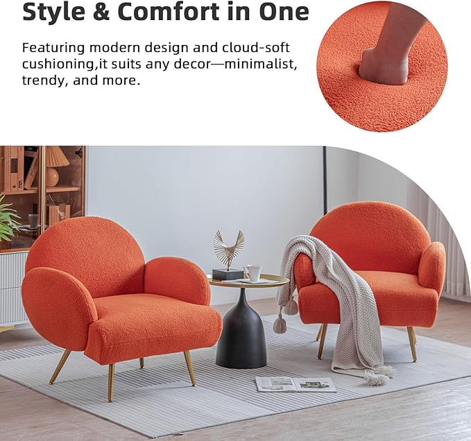 Orange Accent Sherpa Chair Comfy Boucle Chair for Reading Bedroom Living Room with Golden Metal Legs Teddy Tufted Backrest Sofa Armchair Side Chair