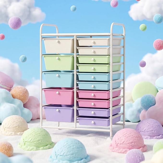 Giantex 15 Drawer Rolling Cart with Drawers Storage Organizer Cart for Classroom Office School Teacher Mobile Drawer Cart for Tools Crafts Small Printer Paper Pastel Ice Cream