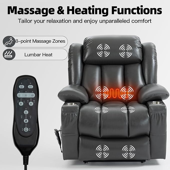 Lay Flat Lift Recliner Chair with Massage &amp Heat for Elderly People Electric Power Lift Chair w/Dual Motor 2 Stainless Steel Cup Holders and 2 Remote Controls Breathable Faux Leather Grey