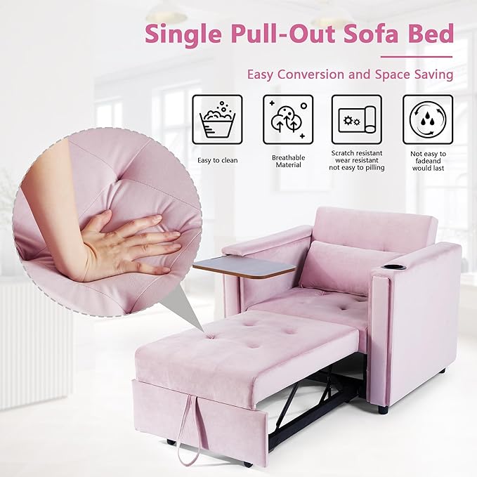 AVZEAR 4-in-1 Convertible Single Sofa Chair Bed with Pillow Multi-Functional Sleeper Chair with Adjustable Backrest Modern Velvet Sleeper Chair Bed for Living Room Apartment Small Space Pink