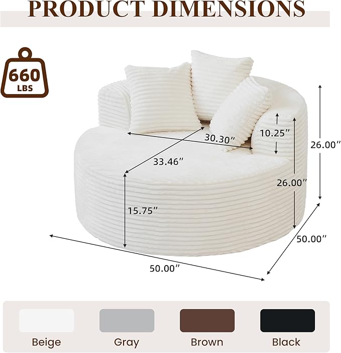 WJShome Oversized Round Chair Lounge Chaise IndoorUpholstered Corduroy Sofa Bed with 3 PillowsComfy Sleeper Boneless CouchDeep Seat Couches for Living Room Beige