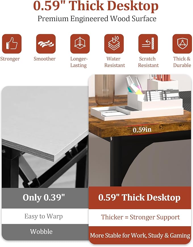Computer Desk 55.1 Office Desk Extra Wide 23.62” Carbon Fiber Deep Desktop 0.59” Thick Heavy-Duty Home Office Desks Office Table with Steel Frame Wood Desk for Bedroom Study Writing Gaming Work