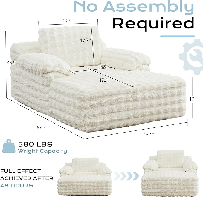 Oversized Lounge Chair Plush Faux Fur Comfy Reading Chair Boneless Chaise Sofa Recliner Bed Sleeper Couch with Wide Pillow Armrest for Living Room Bedroom (White)