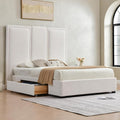 YUHUASHI Queen Size Bed Frame with 64-inch High Headboard Simple and Airy Linen Upholstered Platform Bed with Storage Drawers Wood Slat No Noise (White Queen (U.S. Standard))