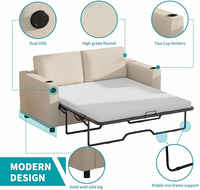 BALUS Pull Out Sofa Bed Full Size Sleeper Sofa Couch with USB Ports 2-in-1 Convertible Pullout Couchs with 2 Cup Holders &amp Memory Foam Mattress for Living Room Guest Room ApartmentWhite