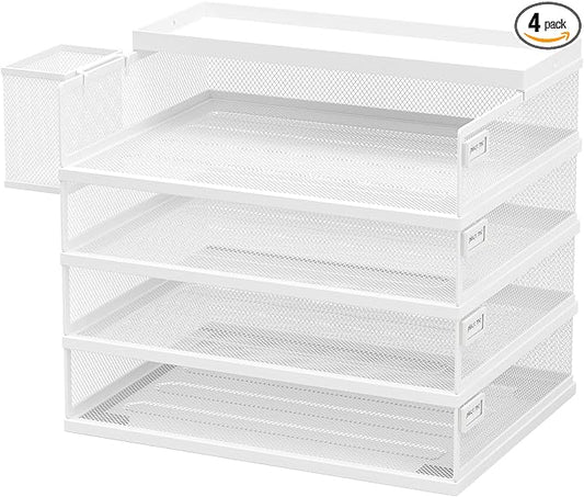 Metal Stackable Letter Trays 4-Tier Desk Organizer &amp Paper Trays for Office Stackable File &amp Document Tray with Magnetic LabelsWhite