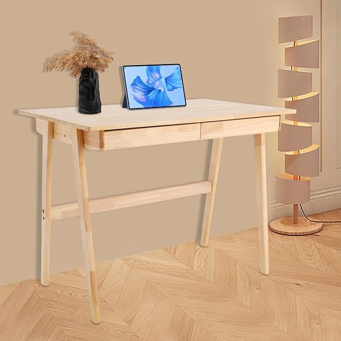 Eapmic Solid Wood Writing Desk Computer Table Study Desk with Drawers Small Space Home Office Workstation Freestanding Wooden Study Table for Bedroom Apartment Dorm Minimalist Design (BurlywoodA)