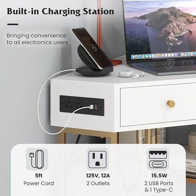 Corner Desk with Charging Station 90° Triangle Desk w/ 2 Drawers Storage Shelves Corner Vanity Table for Bedroom Compact Computer Desk for Small Space