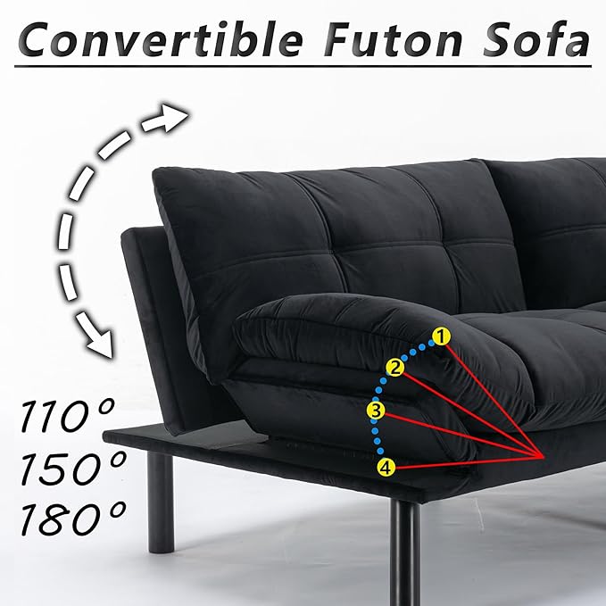 70“ Modern Velvet Futon Couch SleeperConvertible Sleeper Sofa Bed with Adjustable Backrests and Folding Armrest for Living Room Bedroom Office ApartmentSplit BackMattress Included (Black)
