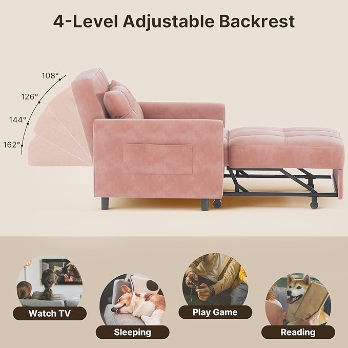 Gizoon Sofa Bed Chair 3 in 1 Convertible Pullout Single Sleeper Chair Bed with Adjustable Backrest Spacious Multifunctional Sofa Couches for Living Room Bedroom Apartment