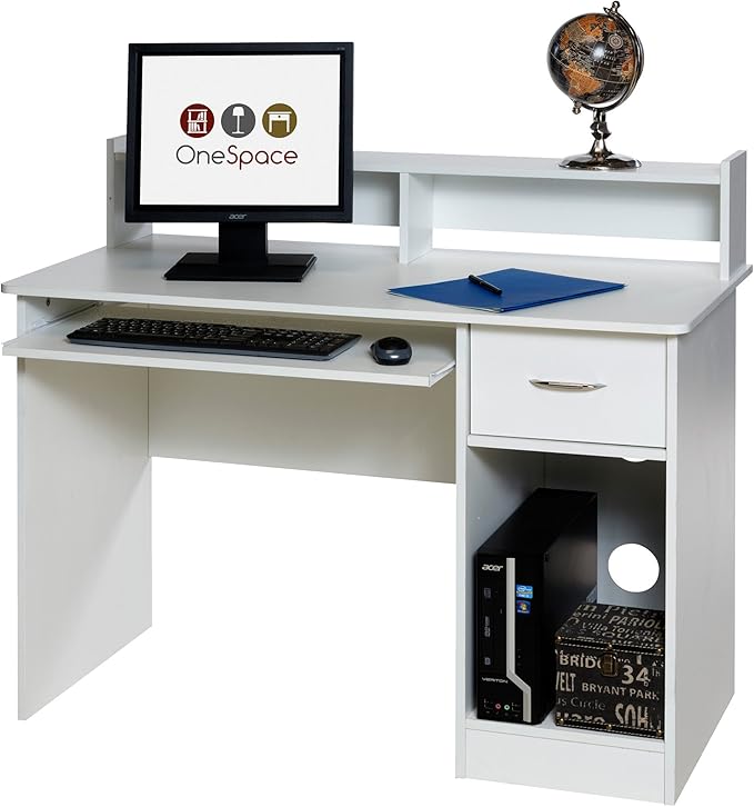 OneSpace Essential Computer Desk Hutch with Pull-Out Keyboard White