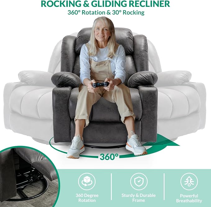 VIVIJASON Manual Swivel Rocking Glider Recliner Chair with Heat &amp Vibration Massage 360° Swivel Overstuffed Reclining Chair with 2 Cup Holders Side Pockets &amp USB Ports for Living Room Gray