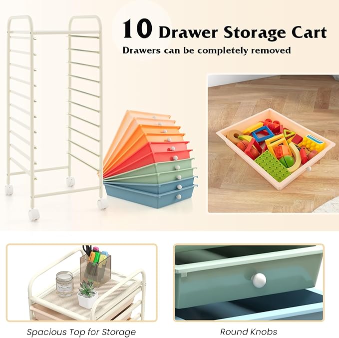 Giantex 10-Drawer Rolling Storage Cart w/Wheels Handle Removable Drawers Mobile Organizer Storage Unit Trolley Utility Cart for Home Kitchen Makeup Living Room Office Play Room