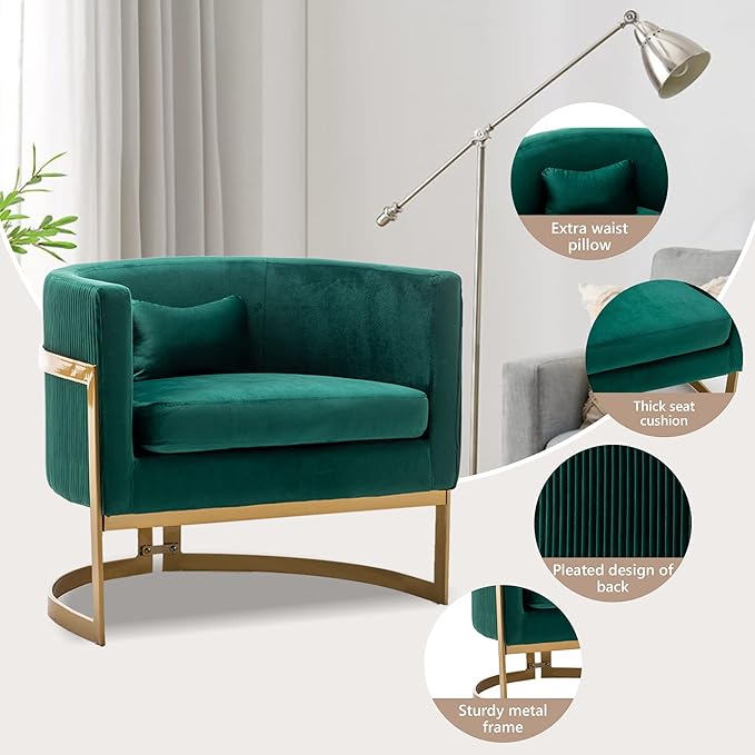 Velvet Accent Chair Green Modern Upholstered Barrel Chair Wide Arm Chairs for Living Room Bedroom Club Side Chairs with Gold Legs