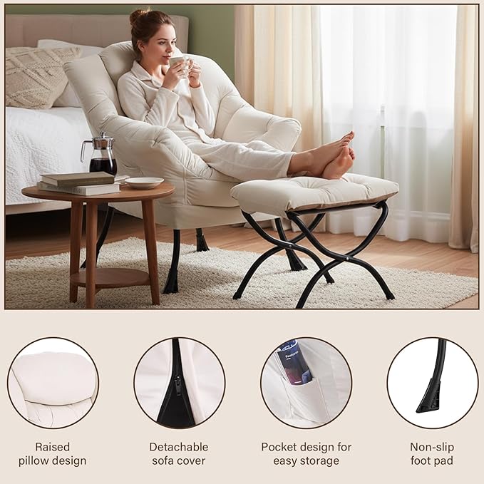 Welnow Lazy Chair with Ottoman Modern Accent Chair with Armrests and a Side Pocket Leisure Sofa Armchair Reading Armchair with Footrest for Small Space Beige