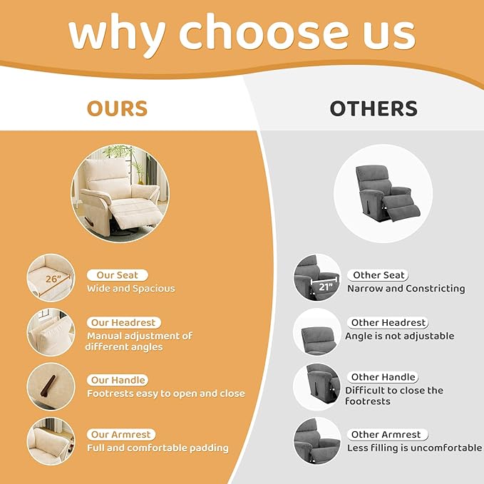 Oversized Rocking Chair Nursery with Adjustable Headrest 26 Wide Swivel Rocker Recliner Nuresry Chair with Overstuffed ArmrestManual Rocker Recliner for NurseryBeige