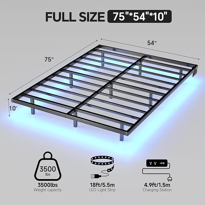 Floating Bed Frame Full Size with LED Lights and Charging Station Metal Platform Bed Easy Assembly No Box Spring Needed