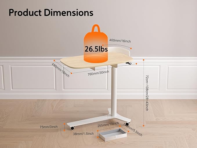 KINGSMITH Rolling Desk Adjustable Height with Drawer and Wheels Portable Small Standing Desk Pneumatic for Home Office Mobile Computer Laptop Desk Cart Medical Sofa Overbed Table Oak