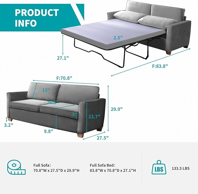 BALUS Full Pull Out Sofa Bed 71 Width 2-in-1 Velvet Loveseat Sleeper Sofa Pullout Couch Bed with Memory Foam Pillows and Mattress for Living Room Furniture Office Apartment Small Space Light Grey