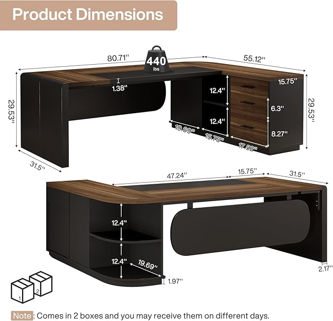 Tribesigns 80'' L-Shaped Desk Set of 2 Large Executive Office Desk with 55'' Drawers Cabinet Modern Computer Table with Storage Shelves Business Furniture for Office Brown