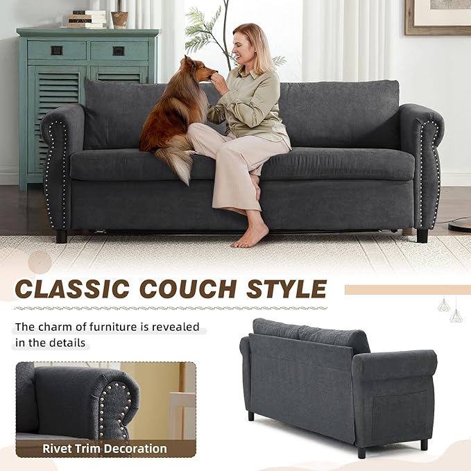 Pull Out Sofa Bed with Mattress Included Convertible Futon Oversized Chenille 3 Seater Loveseat Sleeper Sofa Couch Bed with Rivet Decoration &amp Rolled Arms for Guest Room Office Living Room Dark