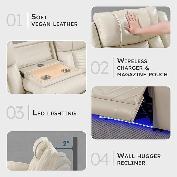 Lexicon Wall Hugger Power Double Reclining Sofa with Center Drop-Down Table Faux Leather Home Theater Seating with LED Lighting/USB Charging Ports/Wireless Charger/Cup Holders Magazine Pocket Beige
